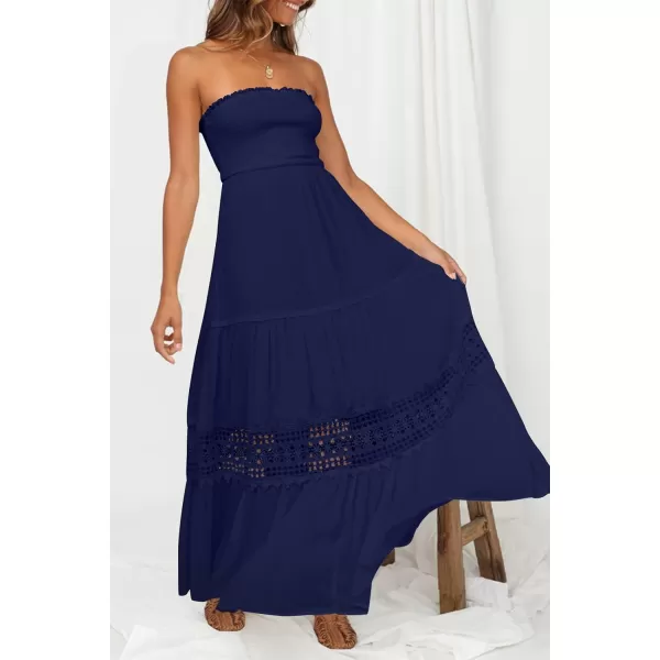imageZESICA Womens 2023 Summer Bohemian Strapless Off Shoulder Lace Trim Backless Flowy A Line Beach Long Maxi DressNavy