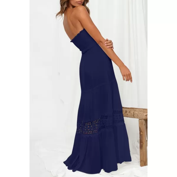 imageZESICA Womens 2023 Summer Bohemian Strapless Off Shoulder Lace Trim Backless Flowy A Line Beach Long Maxi DressNavy