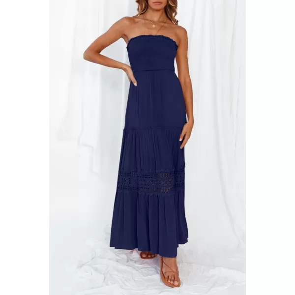 imageZESICA Womens 2023 Summer Bohemian Strapless Off Shoulder Lace Trim Backless Flowy A Line Beach Long Maxi DressNavy