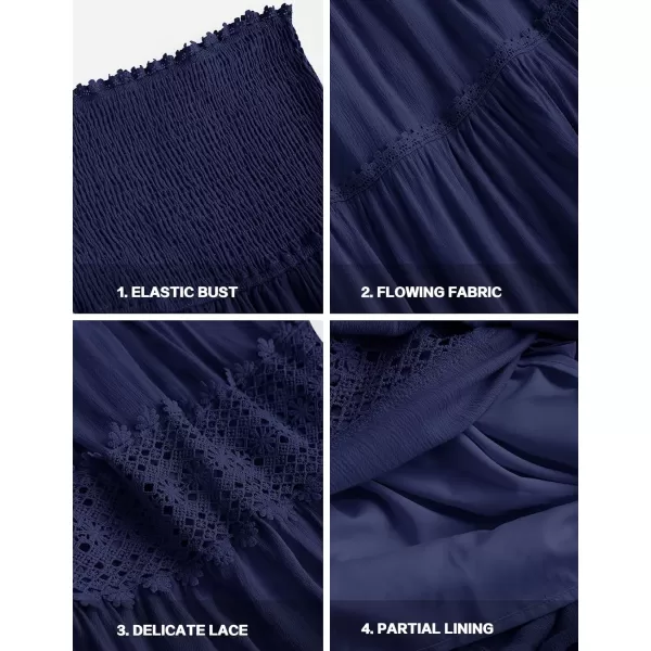 imageZESICA Womens 2023 Summer Bohemian Strapless Off Shoulder Lace Trim Backless Flowy A Line Beach Long Maxi DressNavy