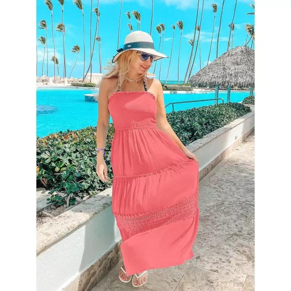 imageZESICA Womens 2023 Summer Bohemian Strapless Off Shoulder Lace Trim Backless Flowy A Line Beach Long Maxi DressPeach