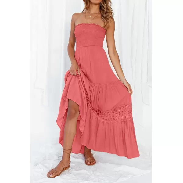 imageZESICA Womens 2023 Summer Bohemian Strapless Off Shoulder Lace Trim Backless Flowy A Line Beach Long Maxi DressPeach