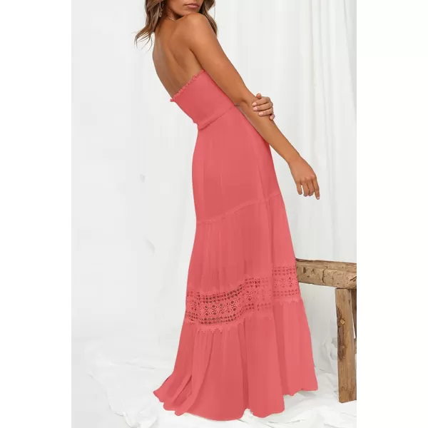 imageZESICA Womens 2023 Summer Bohemian Strapless Off Shoulder Lace Trim Backless Flowy A Line Beach Long Maxi DressPeach