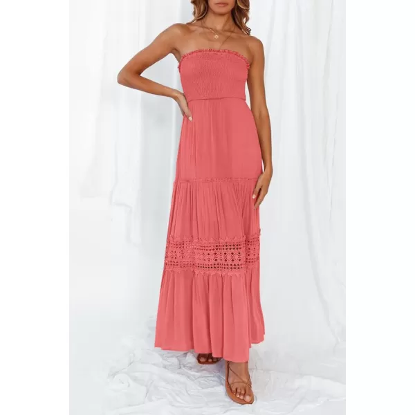 imageZESICA Womens 2023 Summer Bohemian Strapless Off Shoulder Lace Trim Backless Flowy A Line Beach Long Maxi DressPeach