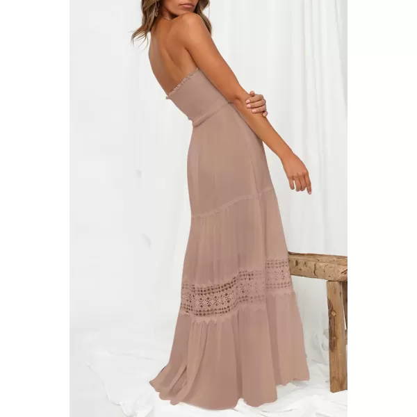 imageZESICA Womens 2023 Summer Bohemian Strapless Off Shoulder Lace Trim Backless Flowy A Line Beach Long Maxi DressPink