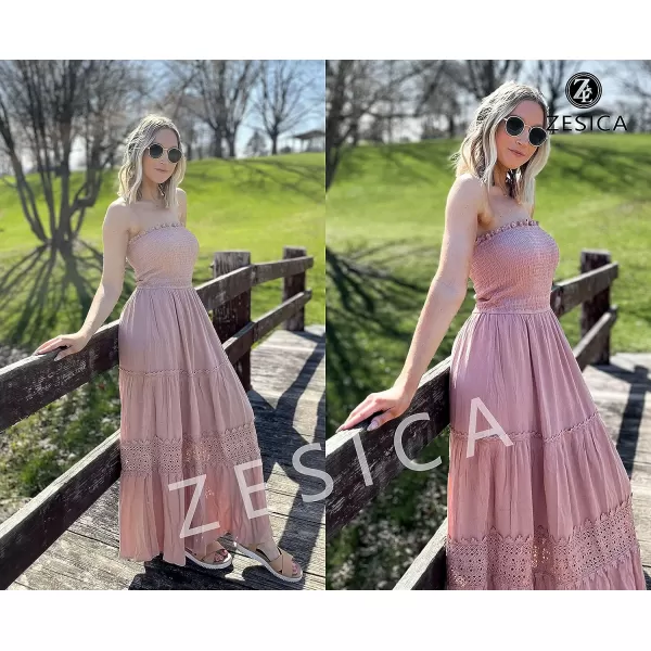imageZESICA Womens 2023 Summer Bohemian Strapless Off Shoulder Lace Trim Backless Flowy A Line Beach Long Maxi DressPink