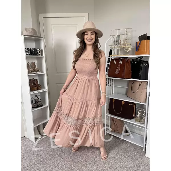 imageZESICA Womens 2023 Summer Bohemian Strapless Off Shoulder Lace Trim Backless Flowy A Line Beach Long Maxi DressPink