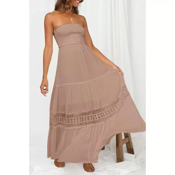 imageZESICA Womens 2023 Summer Bohemian Strapless Off Shoulder Lace Trim Backless Flowy A Line Beach Long Maxi DressPink