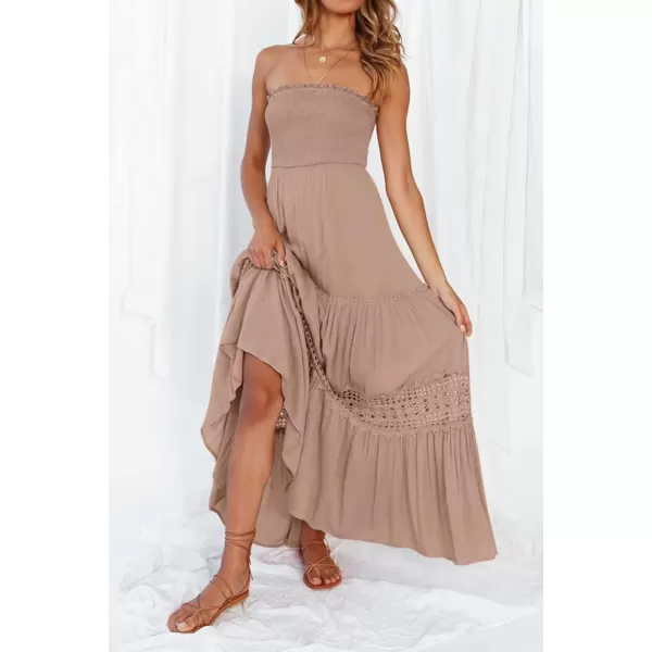 imageZESICA Womens 2023 Summer Bohemian Strapless Off Shoulder Lace Trim Backless Flowy A Line Beach Long Maxi DressPink