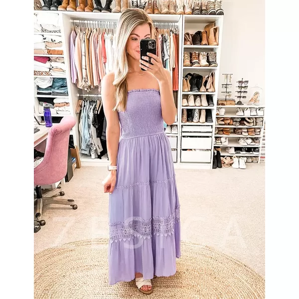 imageZESICA Womens 2023 Summer Bohemian Strapless Off Shoulder Lace Trim Backless Flowy A Line Beach Long Maxi DressPurple