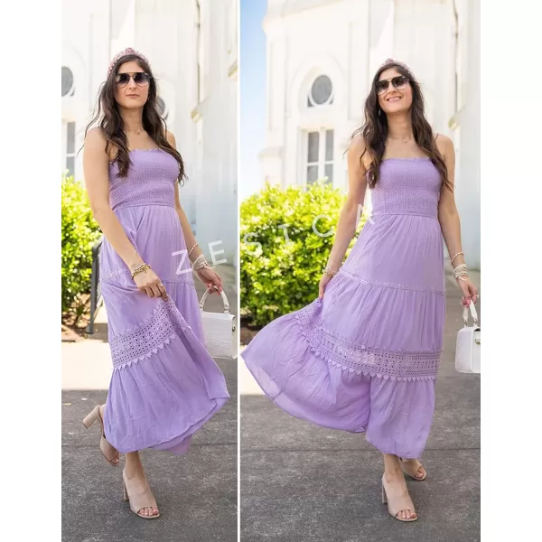 imageZESICA Womens 2023 Summer Bohemian Strapless Off Shoulder Lace Trim Backless Flowy A Line Beach Long Maxi DressPurple