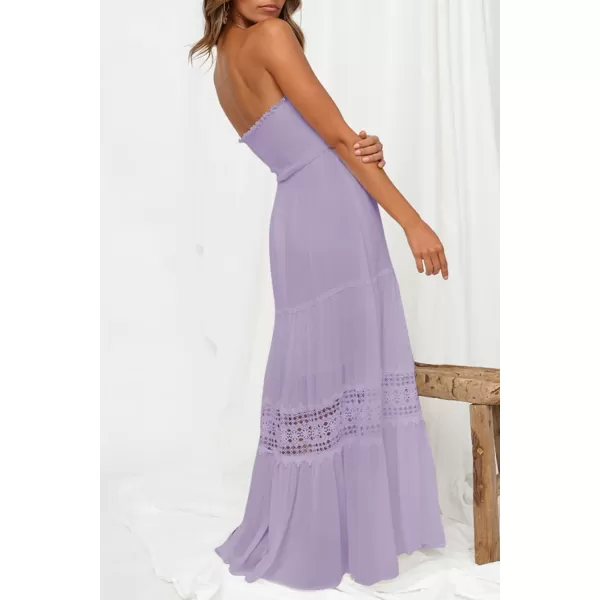 imageZESICA Womens 2023 Summer Bohemian Strapless Off Shoulder Lace Trim Backless Flowy A Line Beach Long Maxi DressPurple