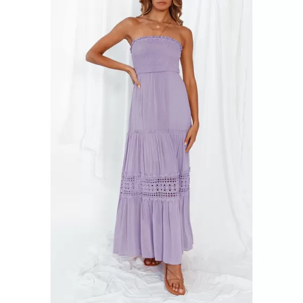 imageZESICA Womens 2023 Summer Bohemian Strapless Off Shoulder Lace Trim Backless Flowy A Line Beach Long Maxi DressPurple