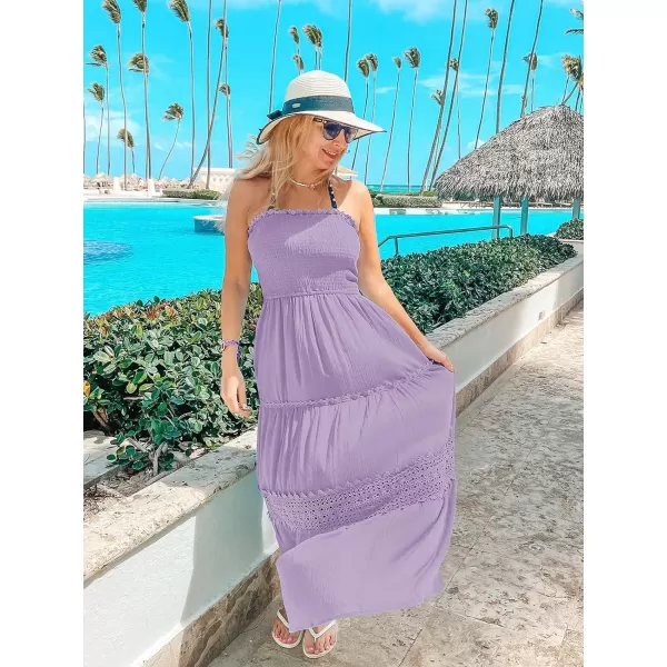imageZESICA Womens 2023 Summer Bohemian Strapless Off Shoulder Lace Trim Backless Flowy A Line Beach Long Maxi DressPurple