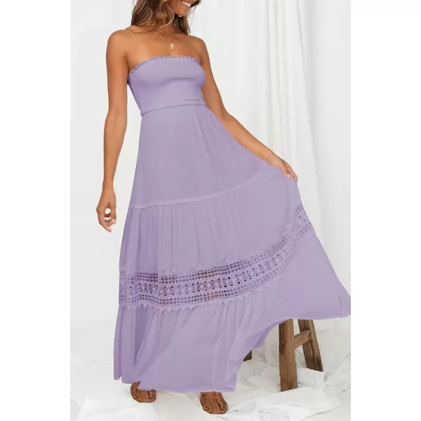 imageZESICA Womens 2023 Summer Bohemian Strapless Off Shoulder Lace Trim Backless Flowy A Line Beach Long Maxi DressPurple