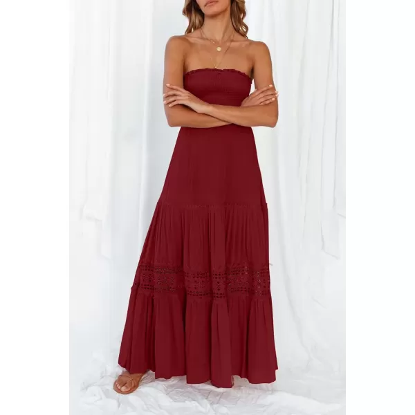 imageZESICA Womens 2023 Summer Bohemian Strapless Off Shoulder Lace Trim Backless Flowy A Line Beach Long Maxi DressRed