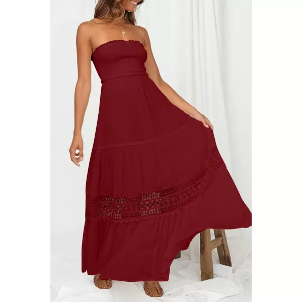 imageZESICA Womens 2023 Summer Bohemian Strapless Off Shoulder Lace Trim Backless Flowy A Line Beach Long Maxi DressRed