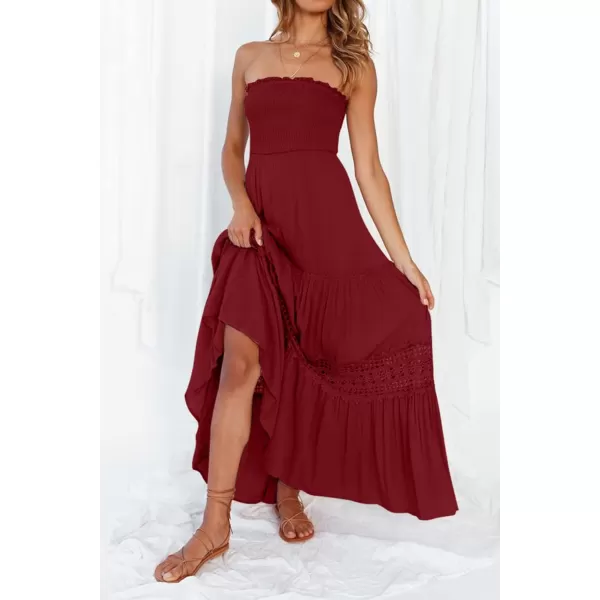 imageZESICA Womens 2023 Summer Bohemian Strapless Off Shoulder Lace Trim Backless Flowy A Line Beach Long Maxi DressRed