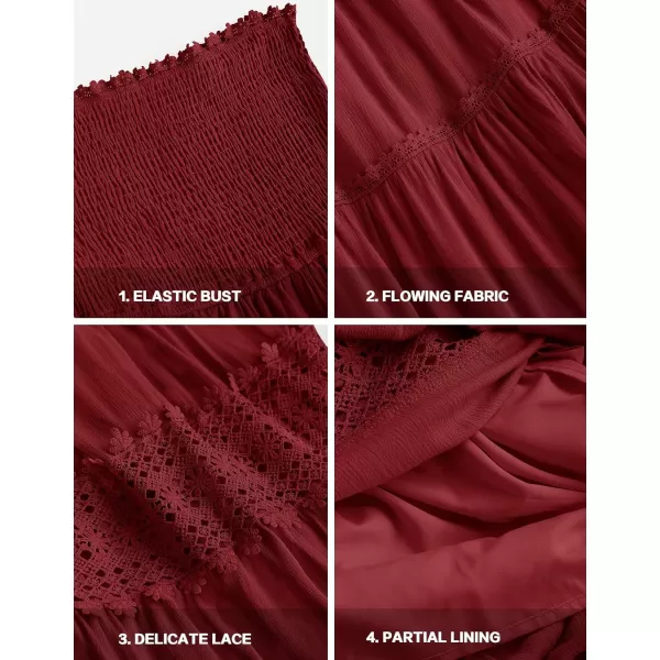 imageZESICA Womens 2023 Summer Bohemian Strapless Off Shoulder Lace Trim Backless Flowy A Line Beach Long Maxi DressRed
