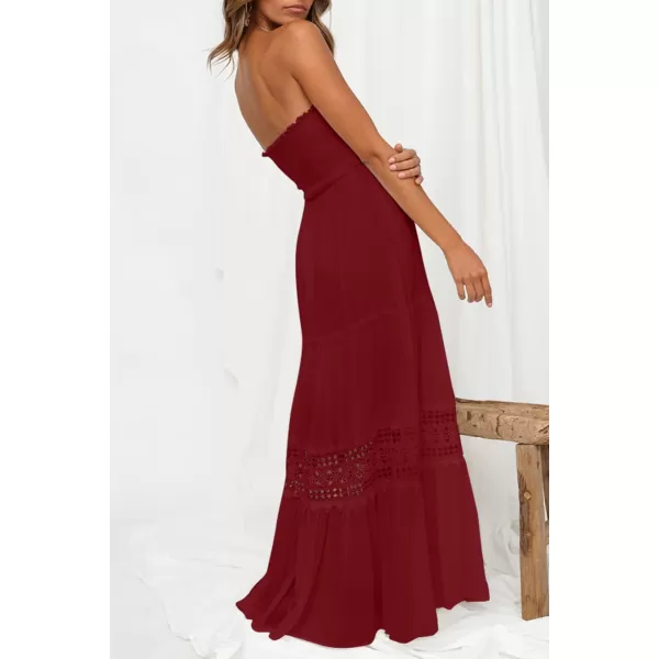 imageZESICA Womens 2023 Summer Bohemian Strapless Off Shoulder Lace Trim Backless Flowy A Line Beach Long Maxi DressRed