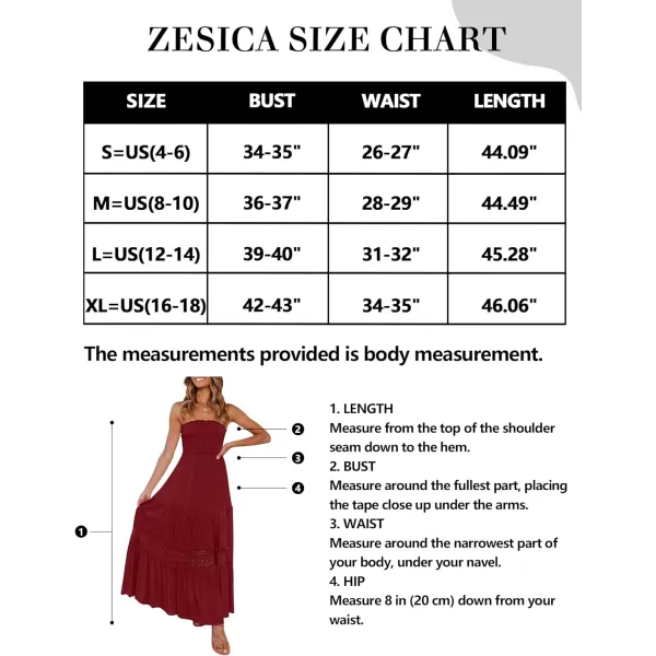 imageZESICA Womens 2023 Summer Bohemian Strapless Off Shoulder Lace Trim Backless Flowy A Line Beach Long Maxi DressRed