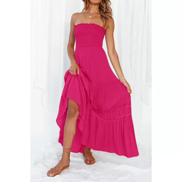 imageZESICA Womens 2023 Summer Bohemian Strapless Off Shoulder Lace Trim Backless Flowy A Line Beach Long Maxi DressRose
