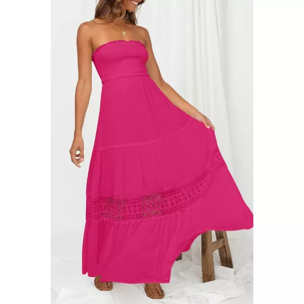 imageZESICA Womens 2023 Summer Bohemian Strapless Off Shoulder Lace Trim Backless Flowy A Line Beach Long Maxi DressRose