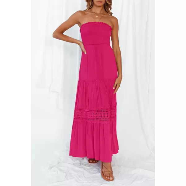 imageZESICA Womens 2023 Summer Bohemian Strapless Off Shoulder Lace Trim Backless Flowy A Line Beach Long Maxi DressRose