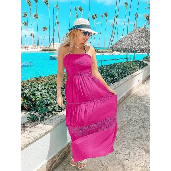 imageZESICA Womens 2023 Summer Bohemian Strapless Off Shoulder Lace Trim Backless Flowy A Line Beach Long Maxi DressRose