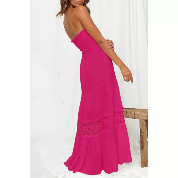 imageZESICA Womens 2023 Summer Bohemian Strapless Off Shoulder Lace Trim Backless Flowy A Line Beach Long Maxi DressRose