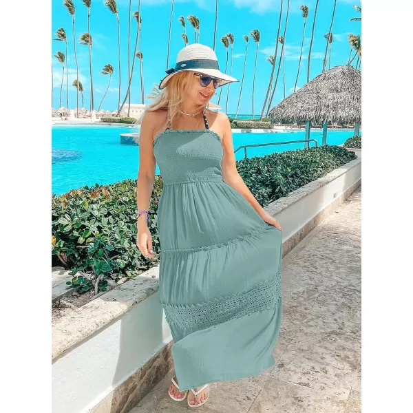 imageZESICA Womens 2023 Summer Bohemian Strapless Off Shoulder Lace Trim Backless Flowy A Line Beach Long Maxi DressSage
