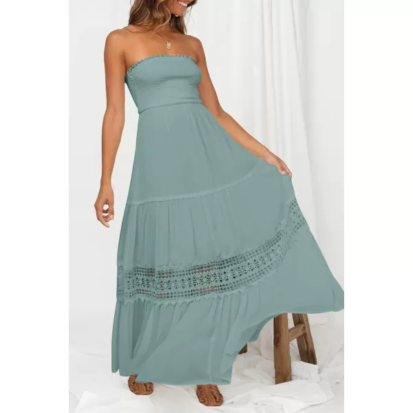 imageZESICA Womens 2023 Summer Bohemian Strapless Off Shoulder Lace Trim Backless Flowy A Line Beach Long Maxi DressSage