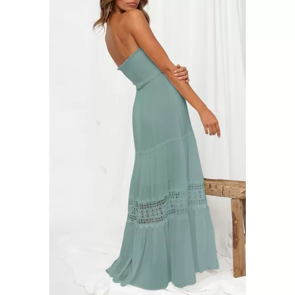 imageZESICA Womens 2023 Summer Bohemian Strapless Off Shoulder Lace Trim Backless Flowy A Line Beach Long Maxi DressSage