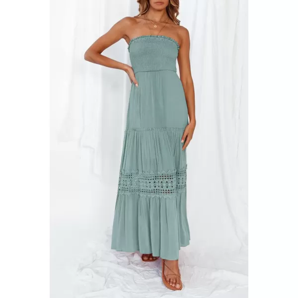 imageZESICA Womens 2023 Summer Bohemian Strapless Off Shoulder Lace Trim Backless Flowy A Line Beach Long Maxi DressSage
