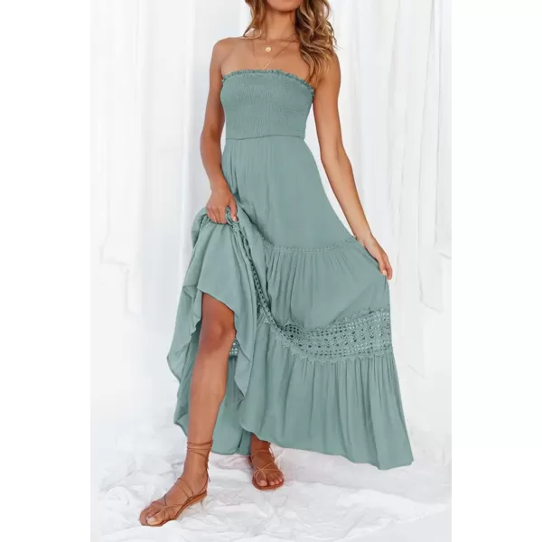 imageZESICA Womens 2023 Summer Bohemian Strapless Off Shoulder Lace Trim Backless Flowy A Line Beach Long Maxi DressSage