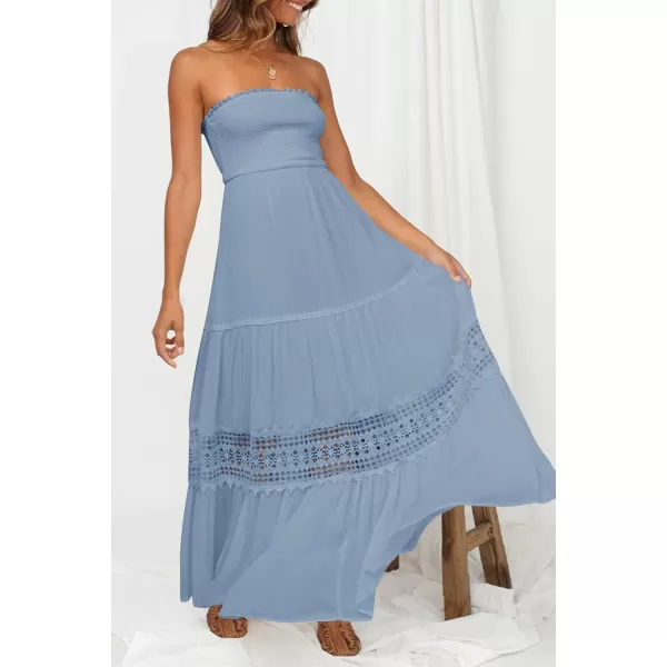 imageZESICA Womens 2023 Summer Bohemian Strapless Off Shoulder Lace Trim Backless Flowy A Line Beach Long Maxi DressSkyblue