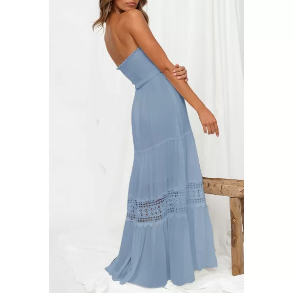 imageZESICA Womens 2023 Summer Bohemian Strapless Off Shoulder Lace Trim Backless Flowy A Line Beach Long Maxi DressSkyblue