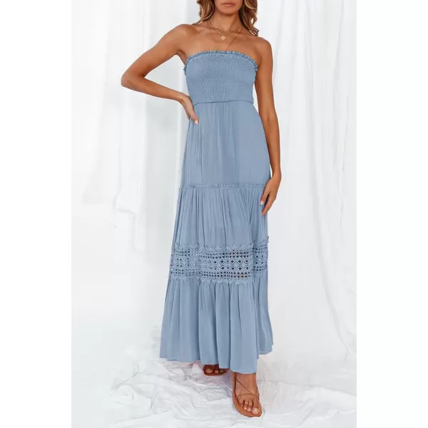 imageZESICA Womens 2023 Summer Bohemian Strapless Off Shoulder Lace Trim Backless Flowy A Line Beach Long Maxi DressSkyblue
