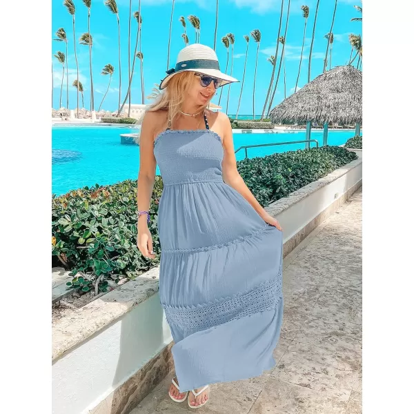 imageZESICA Womens 2023 Summer Bohemian Strapless Off Shoulder Lace Trim Backless Flowy A Line Beach Long Maxi DressSkyblue