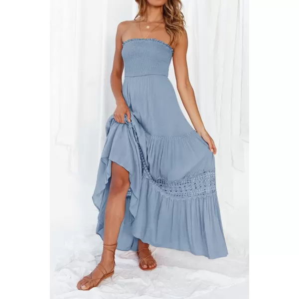 imageZESICA Womens 2023 Summer Bohemian Strapless Off Shoulder Lace Trim Backless Flowy A Line Beach Long Maxi DressSkyblue