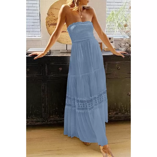 imageZESICA Womens 2023 Summer Bohemian Strapless Off Shoulder Lace Trim Backless Flowy A Line Beach Long Maxi DressSkyblue