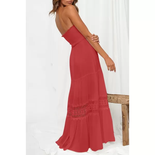 imageZESICA Womens 2023 Summer Bohemian Strapless Off Shoulder Lace Trim Backless Flowy A Line Beach Long Maxi DressWatermelon