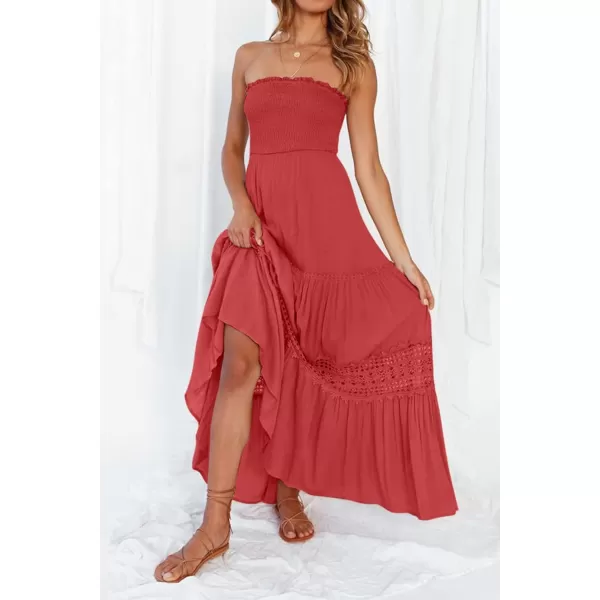 imageZESICA Womens 2023 Summer Bohemian Strapless Off Shoulder Lace Trim Backless Flowy A Line Beach Long Maxi DressWatermelon