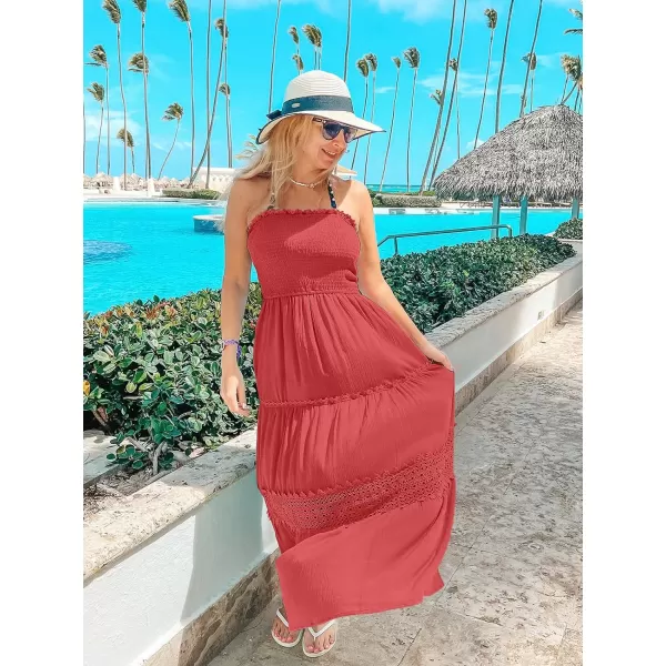 imageZESICA Womens 2023 Summer Bohemian Strapless Off Shoulder Lace Trim Backless Flowy A Line Beach Long Maxi DressWatermelon