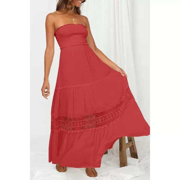 imageZESICA Womens 2023 Summer Bohemian Strapless Off Shoulder Lace Trim Backless Flowy A Line Beach Long Maxi DressWatermelon