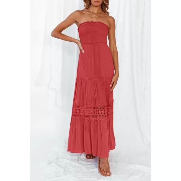 imageZESICA Womens 2023 Summer Bohemian Strapless Off Shoulder Lace Trim Backless Flowy A Line Beach Long Maxi DressWatermelon