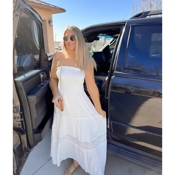imageZESICA Womens 2023 Summer Bohemian Strapless Off Shoulder Lace Trim Backless Flowy A Line Beach Long Maxi DressWhite