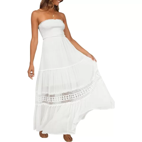 imageZESICA Womens 2023 Summer Bohemian Strapless Off Shoulder Lace Trim Backless Flowy A Line Beach Long Maxi DressWhite