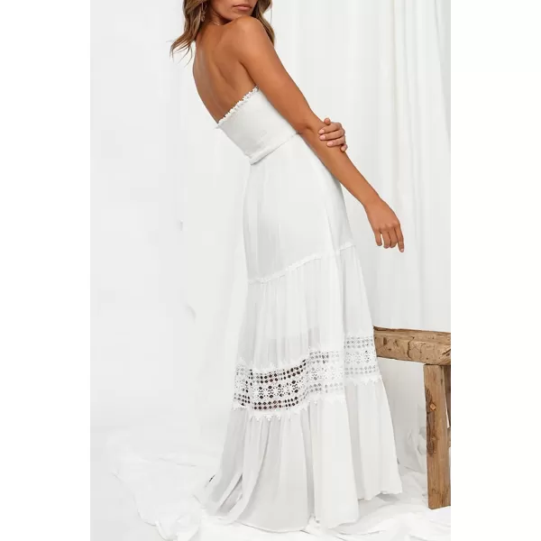 imageZESICA Womens 2023 Summer Bohemian Strapless Off Shoulder Lace Trim Backless Flowy A Line Beach Long Maxi DressWhite