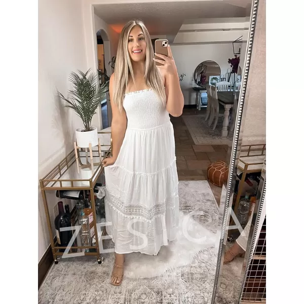 imageZESICA Womens 2023 Summer Bohemian Strapless Off Shoulder Lace Trim Backless Flowy A Line Beach Long Maxi DressWhite